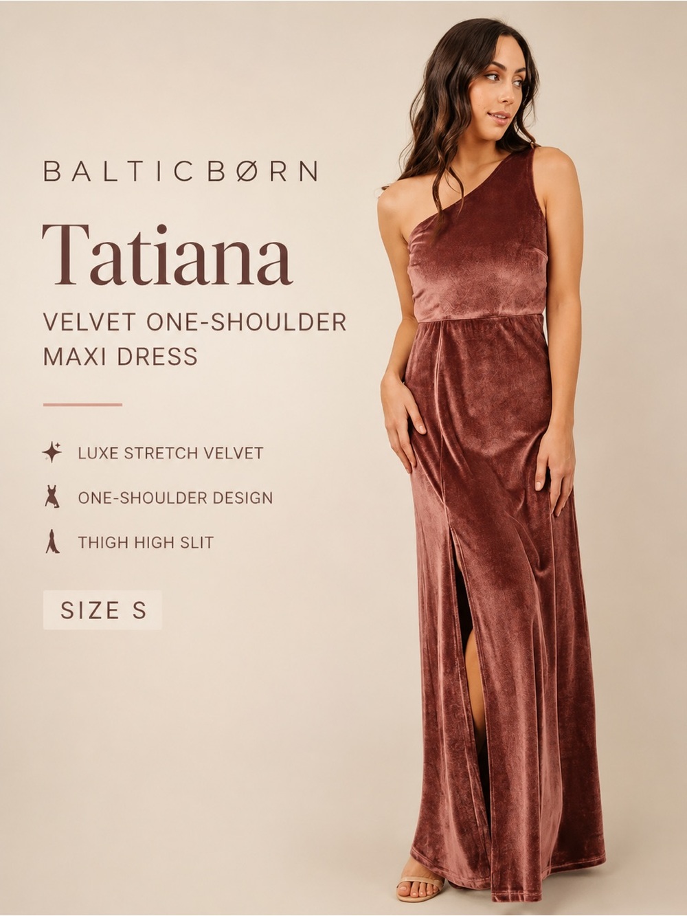 Baltic Born Tatiana Velvet One Shoulder Maxi Dress Desert Rose Size S